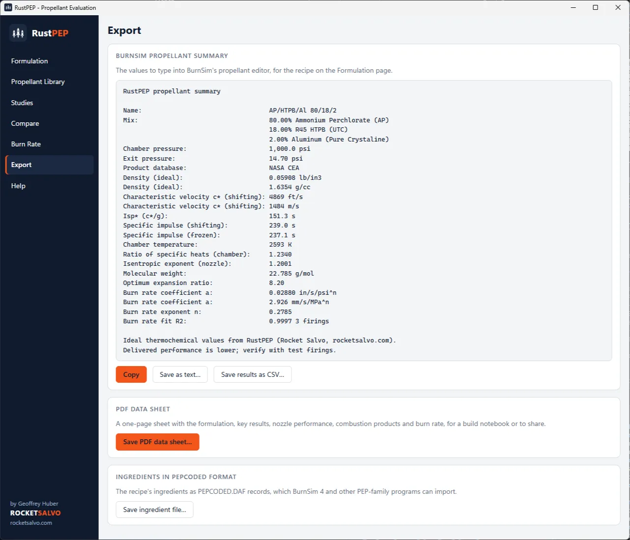 RustPEP Export page showing a text propellant summary with Copy and Save buttons, and sections for a PDF data sheet and PEPCODED ingredient export.