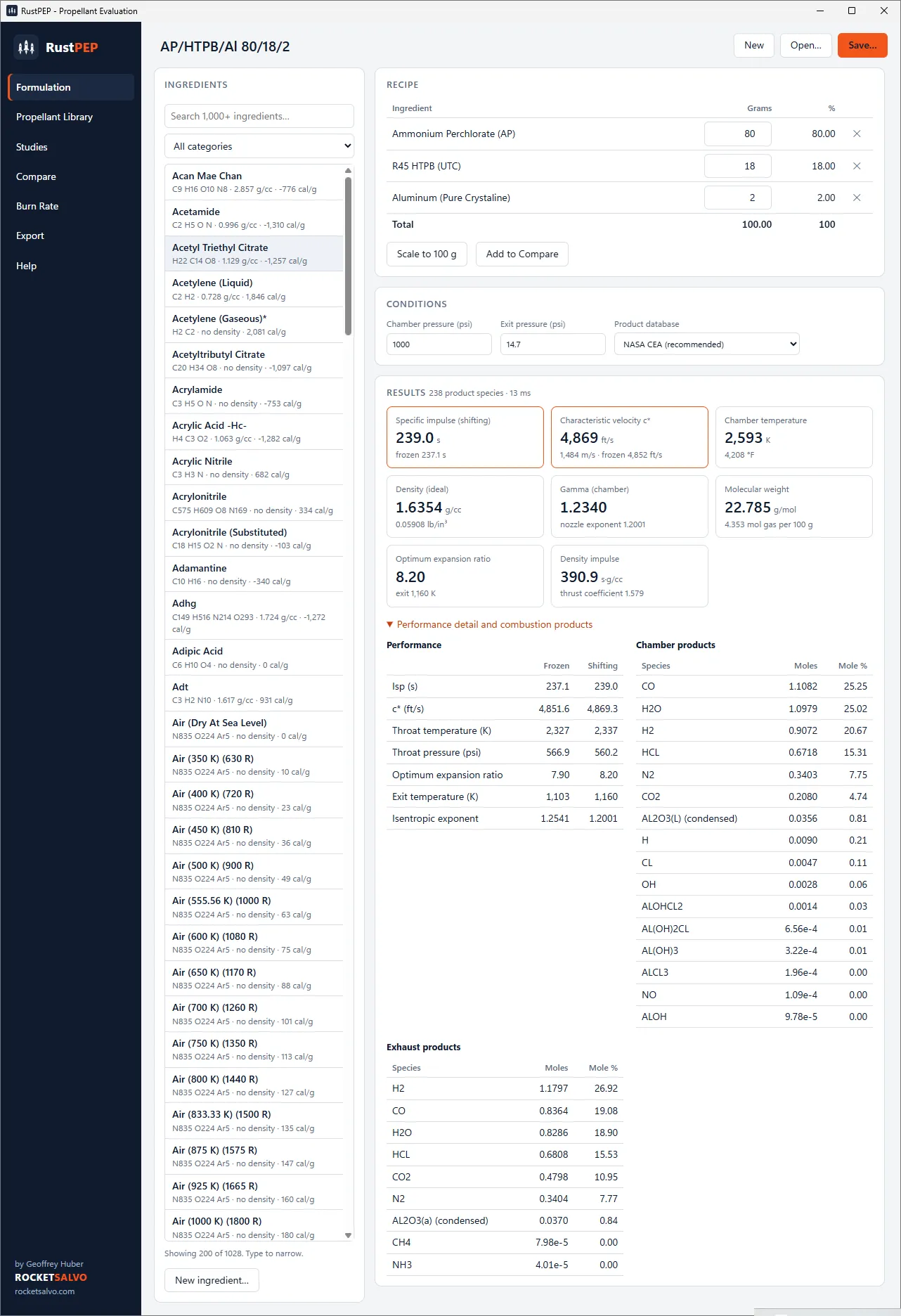 RustPEP Formulation page: a searchable ingredient list, a three-ingredient recipe, chamber and exit pressure fields, and result tiles for specific impulse, characteristic velocity, chamber temperature, density, gamma and molecular weight.