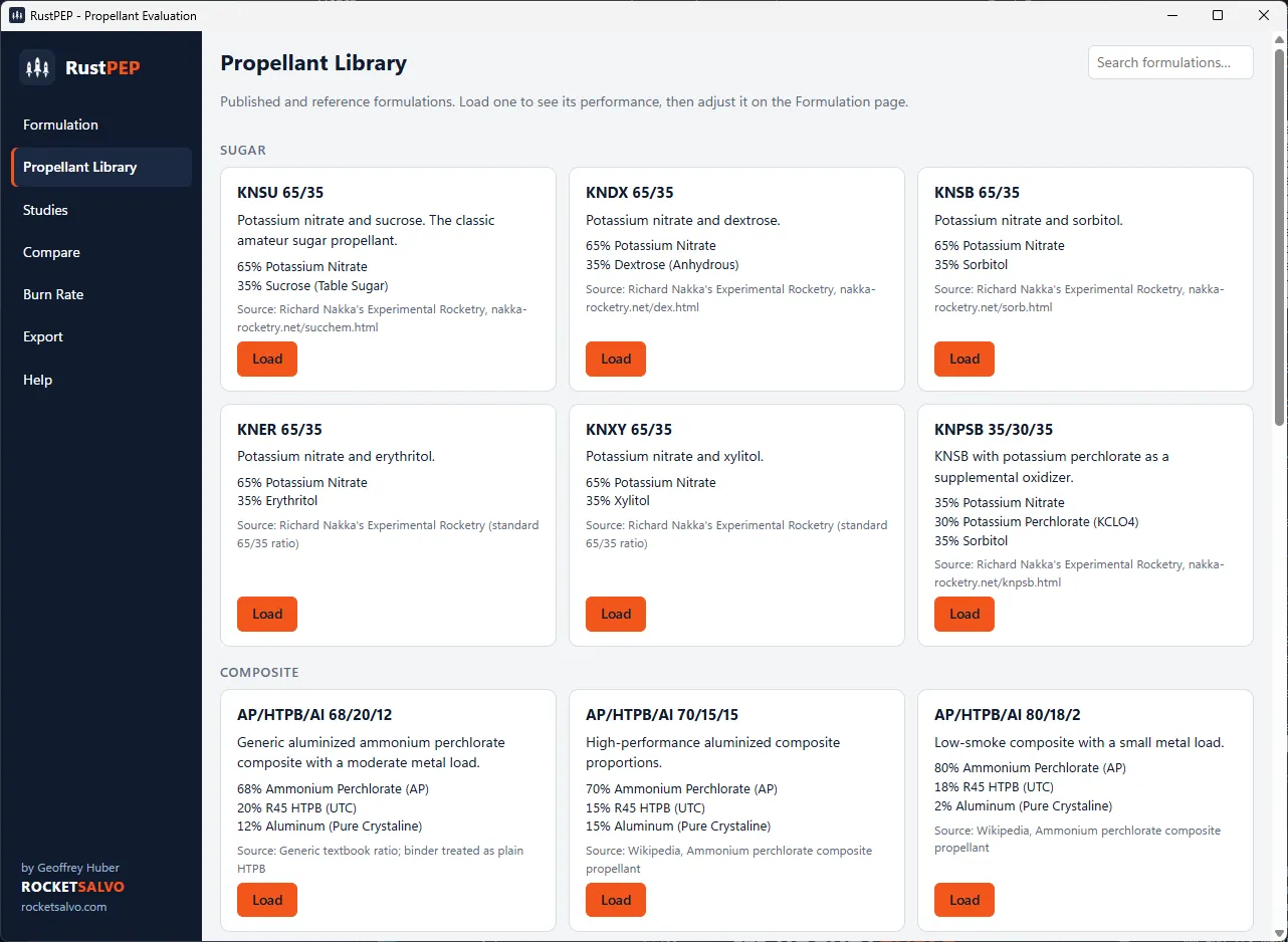 RustPEP Propellant Library page showing cards for sugar and composite formulations, each with its mix, source and a Load button.